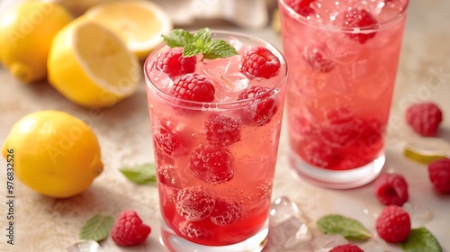 On a pale table amazingly delicious raspberry lemonade