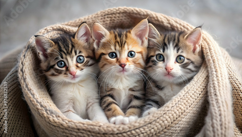 Beautiful kittens snuggled in a cozy blanket , kittens, adorable, cute, pets, feline, cozy, warm, soft, fluffy