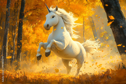 Cartoon Unicorn.  Generated image.  A digital illustration of a happy cartoon unicorn in the forest.