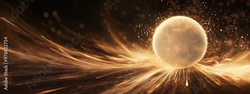 A Golden Sphere Suspended Above a Glowing Abstract Landscape photo