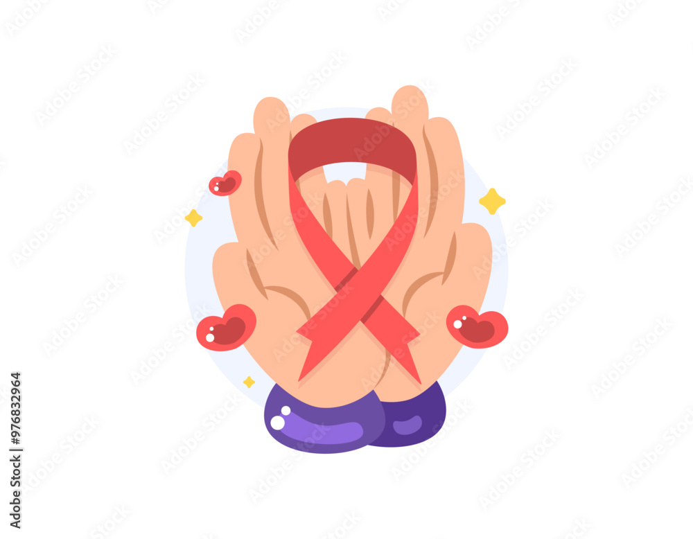 Obraz premium World AIDS Day concept. day to raise awareness about HIV and AIDS. illustration of red ribbon in palm with heart symbol. care and health. commemoration or event. flat style design. element