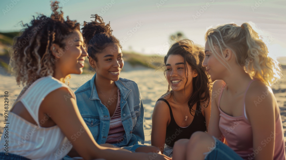 Three friends relax on the sand by the ocean, enjoying each other's company and the warm weather, while wearing stylish outfits and sunglasses. Three friends relax on the sand by the ocean, enjoying each other's company and the warm weather, while wearing stylish outfits and sunglasses.