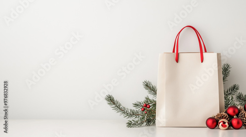 White paper shopping bag, Christmas decor next to it, white background, empty space for text. photo