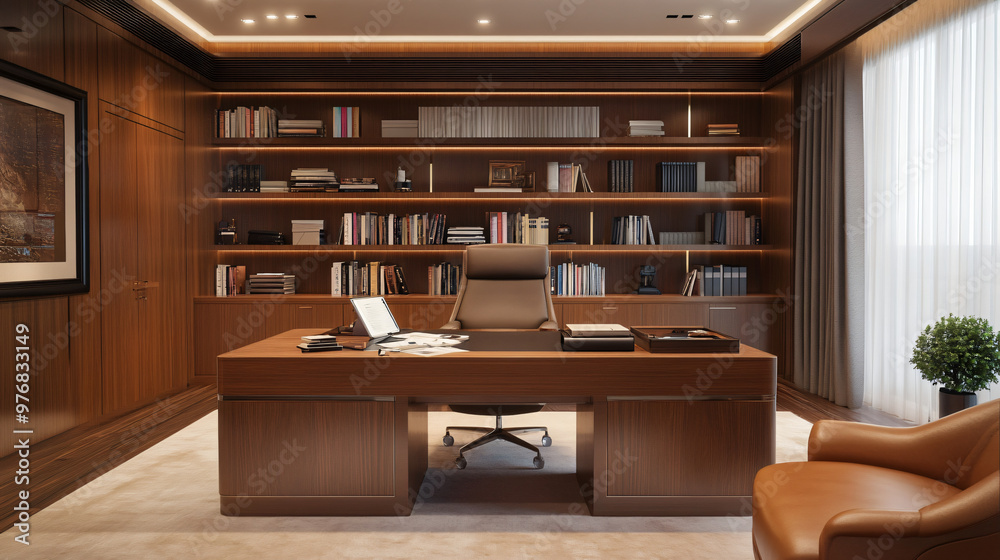 A private office with a large desk, executive chair, and bookshelf. A private office with a large desk, executive chair, and bookshelf.