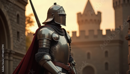 Brave Knight in Shiny Armor and Detailed Helmet Standing Guard in a Medieval Castle with a Mighty Sword