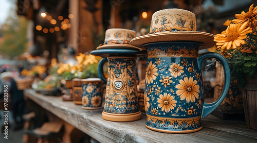 Colorful ceramic mugs with floral patterns on a rustic wooden table, perfect for showcasing traditional craftsmanship. photo