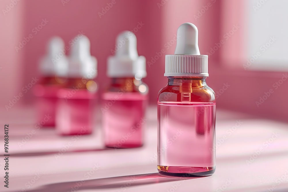 dropper bottle with pink liquid inside. The bottle has a white cap, and it's set against a soft pink background, giving the image a clean, minimalistic look. dropper bottle with pink liquid inside. The bottle has a white cap, and it's set against a soft pink background, giving the image a clean, minimalistic look.