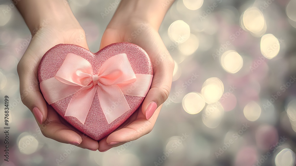 Hands Holding a Heart-Shaped Gift Box: A pair of hands holding a heart-shaped gift box with a bow, set against a romantic, soft-focus background.
Hands Holding a Heart-Shaped Gift Box: A pair of hands holding a heart-shaped gift box with a bow, set against a romantic, soft-focus background.