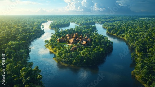 Aerial view of a serene island with temples surrounded by rivers.