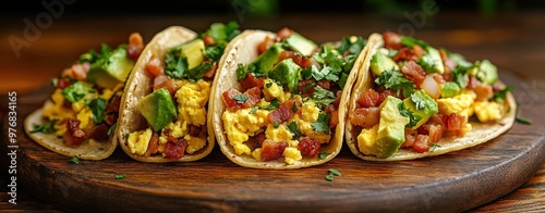 Wallpaper Mural A plate of fusion breakfast tacos filled with scrambled eggs, bacon, and avocado, served on a rustic wooden board, vibrant street food market with colorful signage, soft natural li Torontodigital.ca