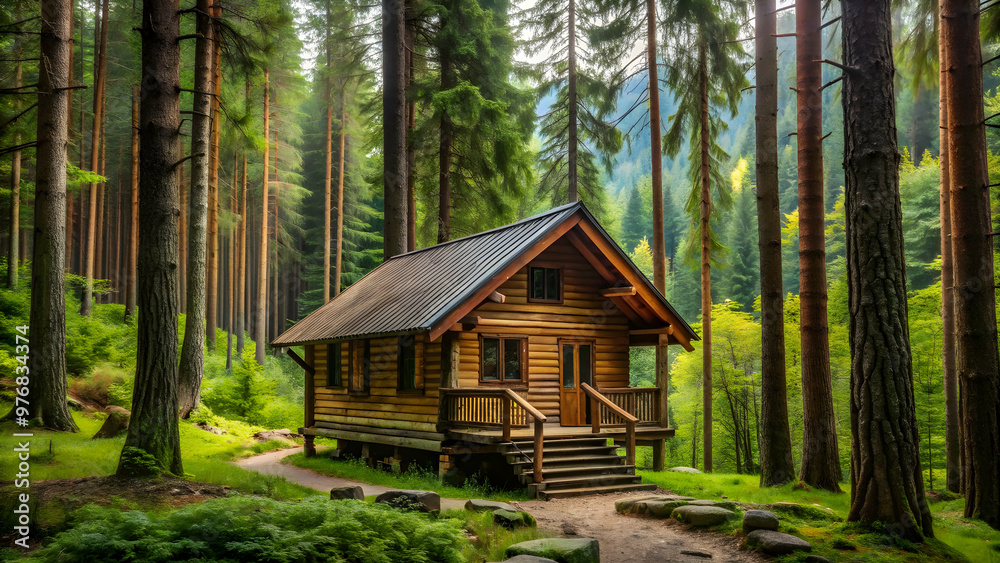 Wooden cabin nestled among towering trees in a lush forest setting, wooden house, cabin, forest, trees, nature, rustic Wooden cabin nestled among towering trees in a lush forest setting, wooden house, cabin, forest, trees, nature, rustic