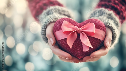 Hands Holding a Heart-Shaped Gift Box: A pair of hands holding a heart-shaped gift box with a bow, set against a romantic, soft-focus background. 

