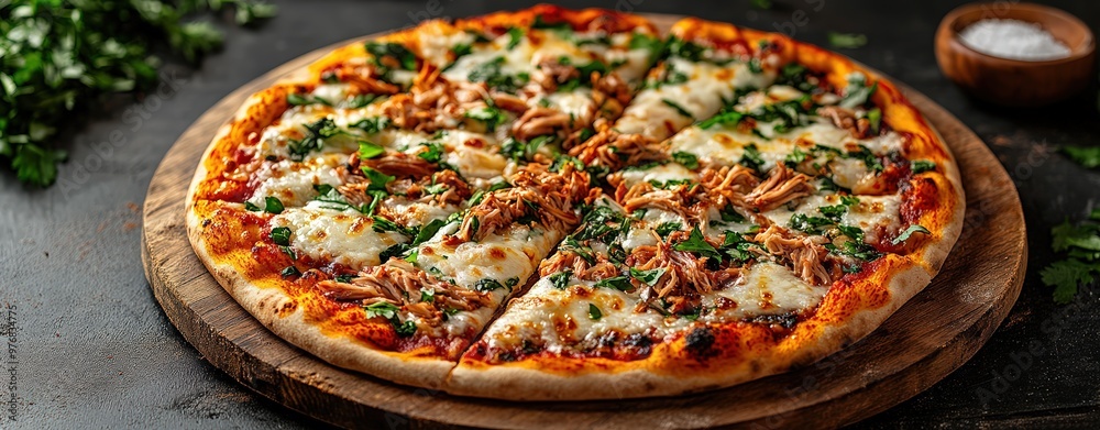A fusion pizza topped with kimchi, pulled pork, and mozzarella, presented on a rustic wooden board, hipster pizzeria with industrial decor, soft natural lighting, realistic, top vi A fusion pizza topped with kimchi, pulled pork, and mozzarella, presented on a rustic wooden board, hipster pizzeria with industrial decor, soft natural lighting, realistic, top vi