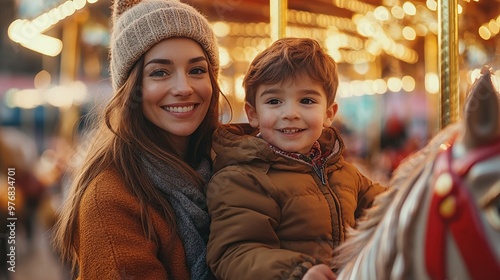 Mother and Son Enjoying a Carousel Ride