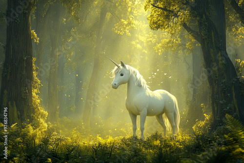 Cartoon Unicorn.  Generated image.  A digital illustration of a happy cartoon unicorn in the forest.