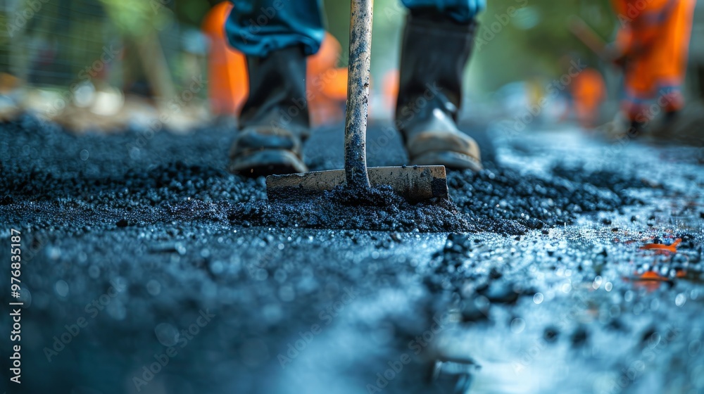 Close-up of asphalt being laid on a road under construction Close-up of asphalt being laid on a road under construction