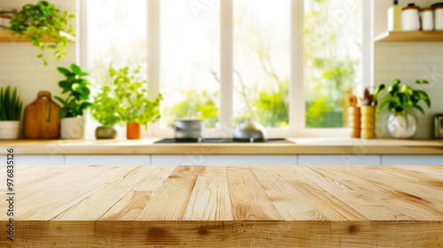 Wood table top on blurred kitchen background. can be used mock up for montage products display or design layout