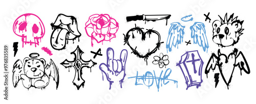 Spray paint graffiti element set. Street art of ink bear face, heart barbed wire, open mouth with tongue, religious cross, skull icon, pink rose flower. Grunge stickers, hand gesture, urban lettering