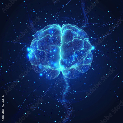 Artificial intelligence background concept featuring an abstract molecular structure and wave flow. It includes a futuristic digital brain and future technology. Vector illustration, EPS10.