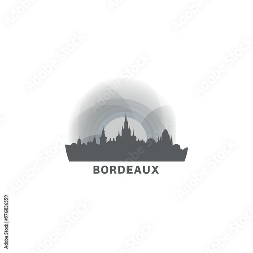 France Bordeaux cool city landscape with landmarks vector isolated logo. Panorama flat abstract shape Nouvelle Aquitaine region icon at sunset, sunrise, night