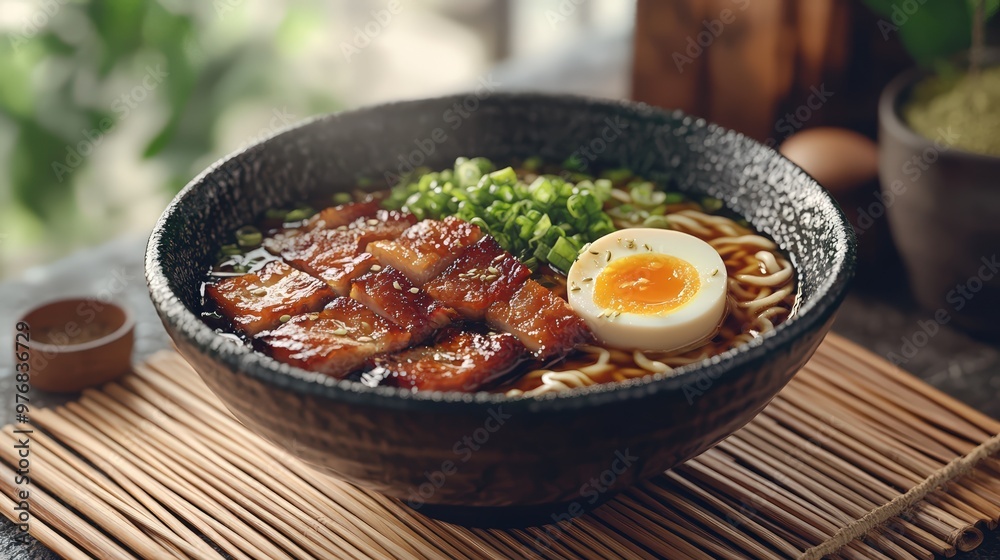 A bowl of fusion ramen with crispy pork belly and soft-boiled egg, resting on a bamboo mat, minimalist ramen shop with soft lighting and clean design, soft natural lighting, 3D ren