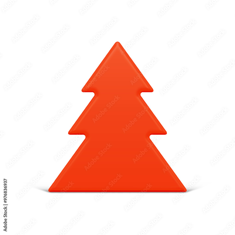 Minimalist slim luxury red Christmas tree curved triangle decorative design isometric vector illustration. Expensive Xmas spruce realistic bauble festive winter holiday celebrating isolated