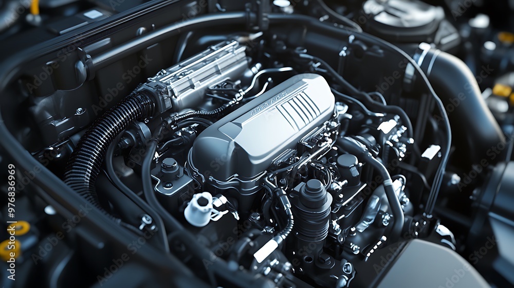 Modern Car Engine Closeup Automotive Technology Detailed View Mechanical Parts Modern Car Engine Closeup Automotive Technology Detailed View Mechanical Parts