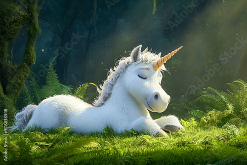 Cartoon Unicorn.  Generated image.  A digital illustration of a happy cartoon unicorn in the forest.