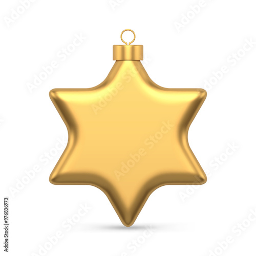 Realistic luxury metallic golden six pointed star with loop for hanging on Christmas tree vector illustration. Expensive jewelry Xmas spruce bauble glossy decorative design winter holiday celebrate