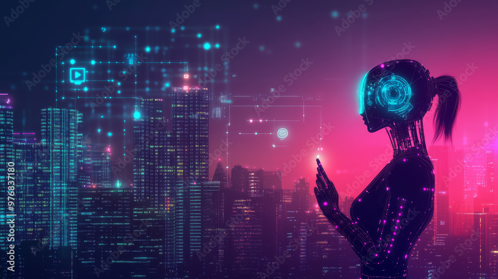 Artificial intelligence manages a smart city through the internet and an HUD interface with icons representing urban infrastructure. It involves IoT technology in information and communication . Artificial intelligence manages a smart city through the internet and an HUD interface with icons representing urban infrastructure. It involves IoT technology in information and communication .