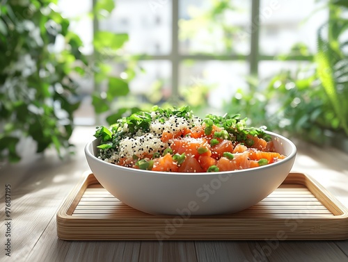 A bowl of fusion poke with spicy tuna, quinoa, and sesame dressing, resting on a bamboo tray, trendy tropical cafe with large windows and natural lighting, peaceful style, realisti photo