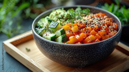 A bowl of fusion poke with quinoa, roasted vegetables, and spicy sriracha mayo, placed on a wooden tray, minimalist organic cafe with greenery and warm lighting, peaceful style, re photo