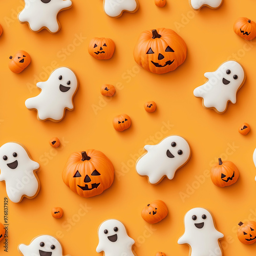 A pattern of cookies in the shape of smiling ghosts and pumpkins on an orange background. Halloween pattern