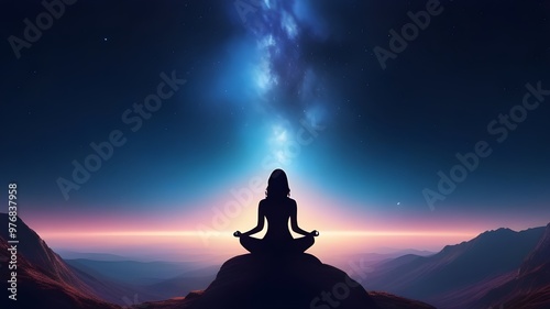 A girl meditates against the backdrop of the universe.