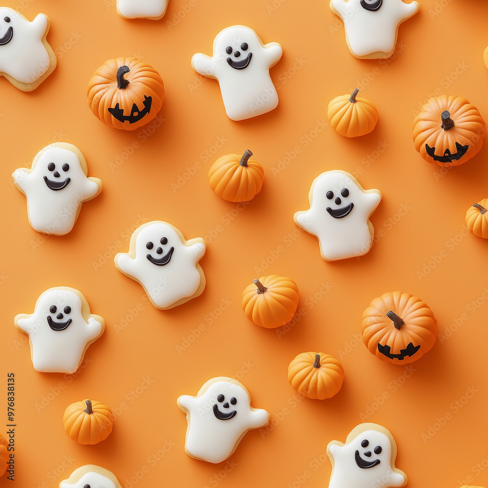 A pattern of cookies in the shape of smiling ghosts and pumpkins on an orange background. Halloween pattern A pattern of cookies in the shape of smiling ghosts and pumpkins on an orange background. Halloween pattern