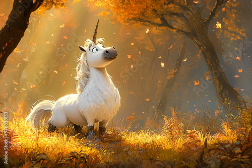 Cartoon Unicorn.  Generated image.  A digital illustration of a happy cartoon unicorn in the forest.
