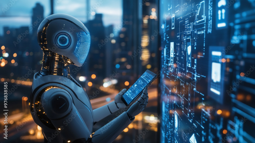 Artificial intelligence observes a smart city, connected globally through mobile internet on a phone. AI manages city infrastructure, data traffic, and ensures safety. Artificial intelligence observes a smart city, connected globally through mobile internet on a phone. AI manages city infrastructure, data traffic, and ensures safety.