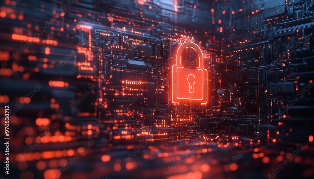 Secure Digital Realm: Abstract Cybersecurity Concept Illustration with Lock, Locker, and Padlock Symbols on Networked Background Secure Digital Realm: Abstract Cybersecurity Concept Illustration with Lock, Locker, and Padlock Symbols on Networked Background