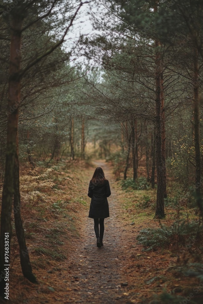 Woman Walking Down Woodland Path Woman Walking Down Woodland Path