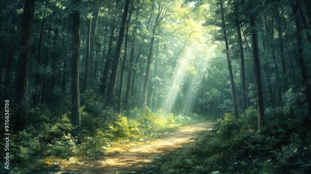 Sunlight streams through the trees in a dense forest, illuminating a dirt path. Sunlight streams through the trees in a dense forest, illuminating a dirt path.