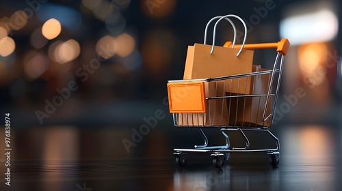 Front straight eye view of a shopping cart full of shopping bags,  photo