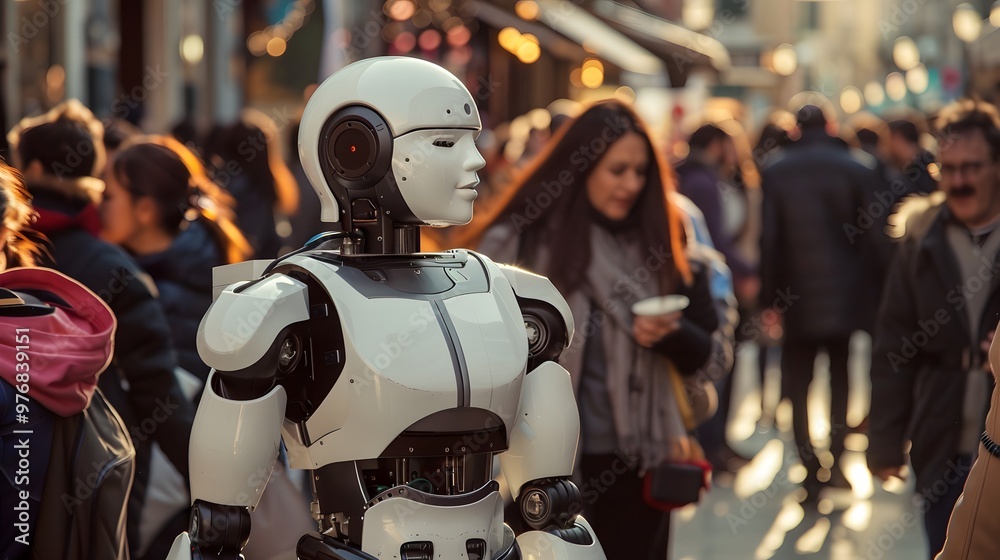 Humanoid Robot: A humanoid robot interacting with people in a busy urban environment, seamlessly blending in.
Humanoid Robot: A humanoid robot interacting with people in a busy urban environment, seamlessly blending in.