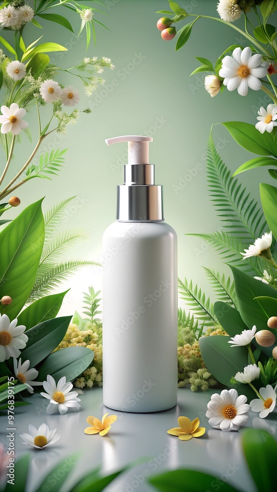 a bottle of white perfume with flowers and a bottle of lotion. a bottle of white perfume with flowers and a bottle of lotion.