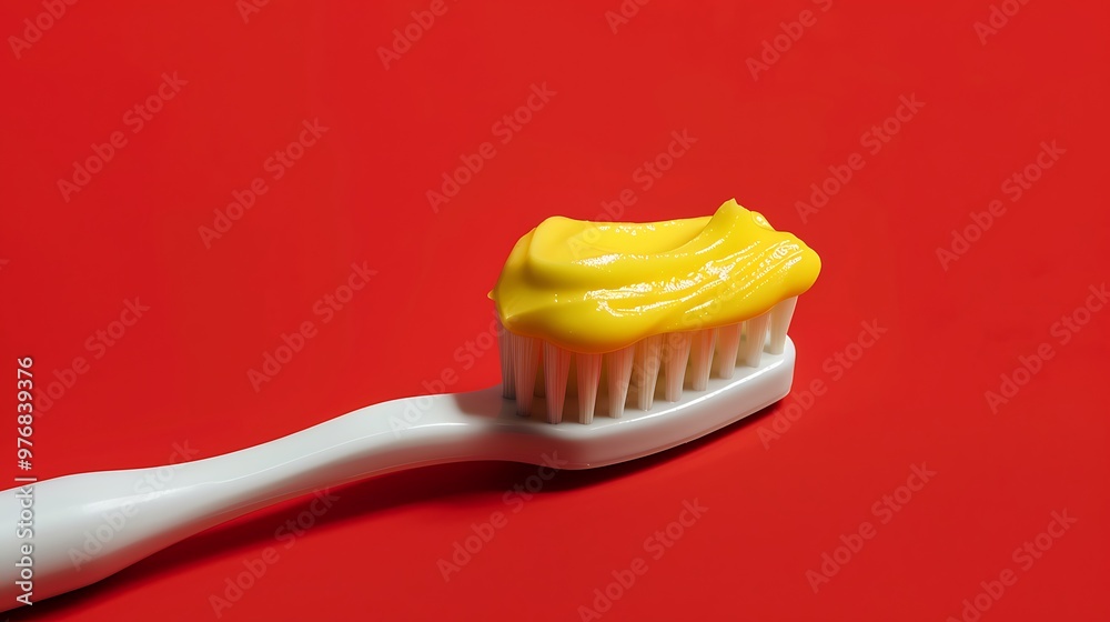 On a red background a tooth brush and yellow toothpaste with active carbon