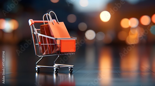 Front straight eye view of a shopping cart full of shopping bags,  photo