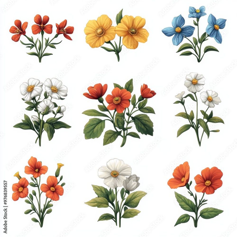 Floral Clipart Set   Flowers  Blooms  Botany  Nature  Illustration  Spring  Summer  Design Elements