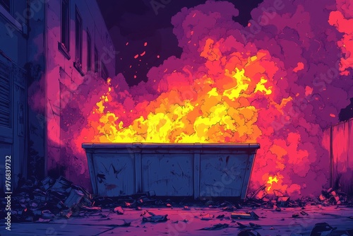 Fiery Chaos - Vibrant Illustration of a Dumpster Fire in a Lively Style