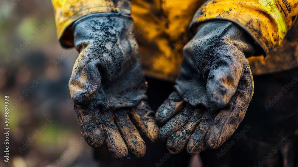 Close-up candid shot of a firefighters hands covered in soot and ash, captured after extinguishing a fire, the gloves showing heavy wear Close-up candid shot of a firefighters hands covered in soot and ash, captured after extinguishing a fire, the gloves showing heavy wear