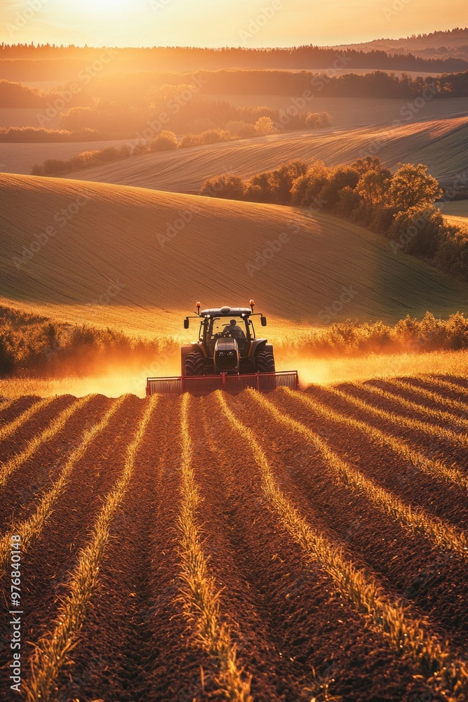 Fototapeta premium Tractor Plowing Field Sunset