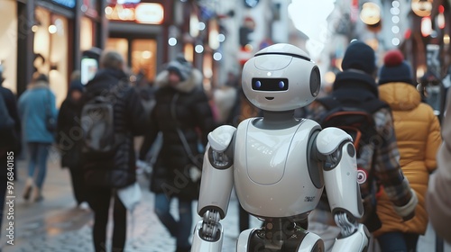 Humanoid Robot: A humanoid robot interacting with people in a busy urban environment, seamlessly blending in. 